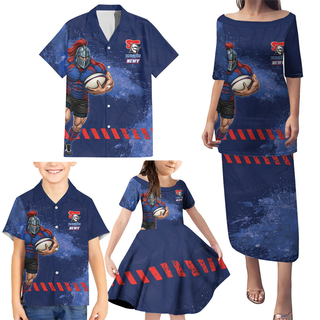 Personalised Newcastle Knights Rugby Family Matching Puletasi and Hawaiian Shirt Newy Warrior Mascot - Sporty Splash Art Style
