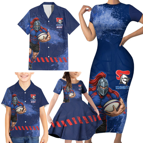Personalised Newcastle Knights Rugby Family Matching Short Sleeve Bodycon Dress and Hawaiian Shirt Newy Warrior Mascot - Sporty Splash Art Style