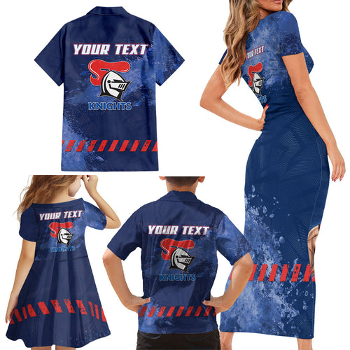 Personalised Newcastle Knights Rugby Family Matching Short Sleeve Bodycon Dress and Hawaiian Shirt Newy Warrior Mascot - Sporty Splash Art Style