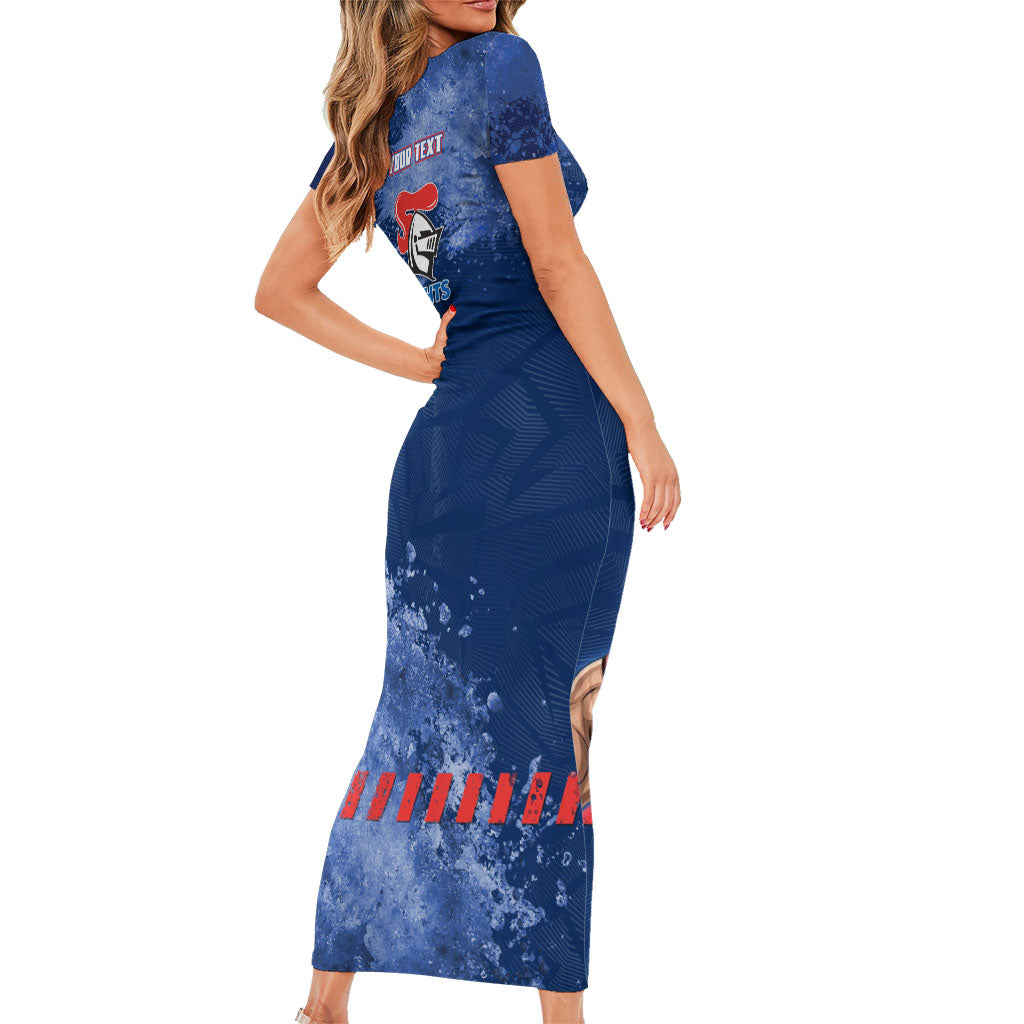 Personalised Newcastle Knights Rugby Family Matching Short Sleeve Bodycon Dress and Hawaiian Shirt Newy Warrior Mascot - Sporty Splash Art Style