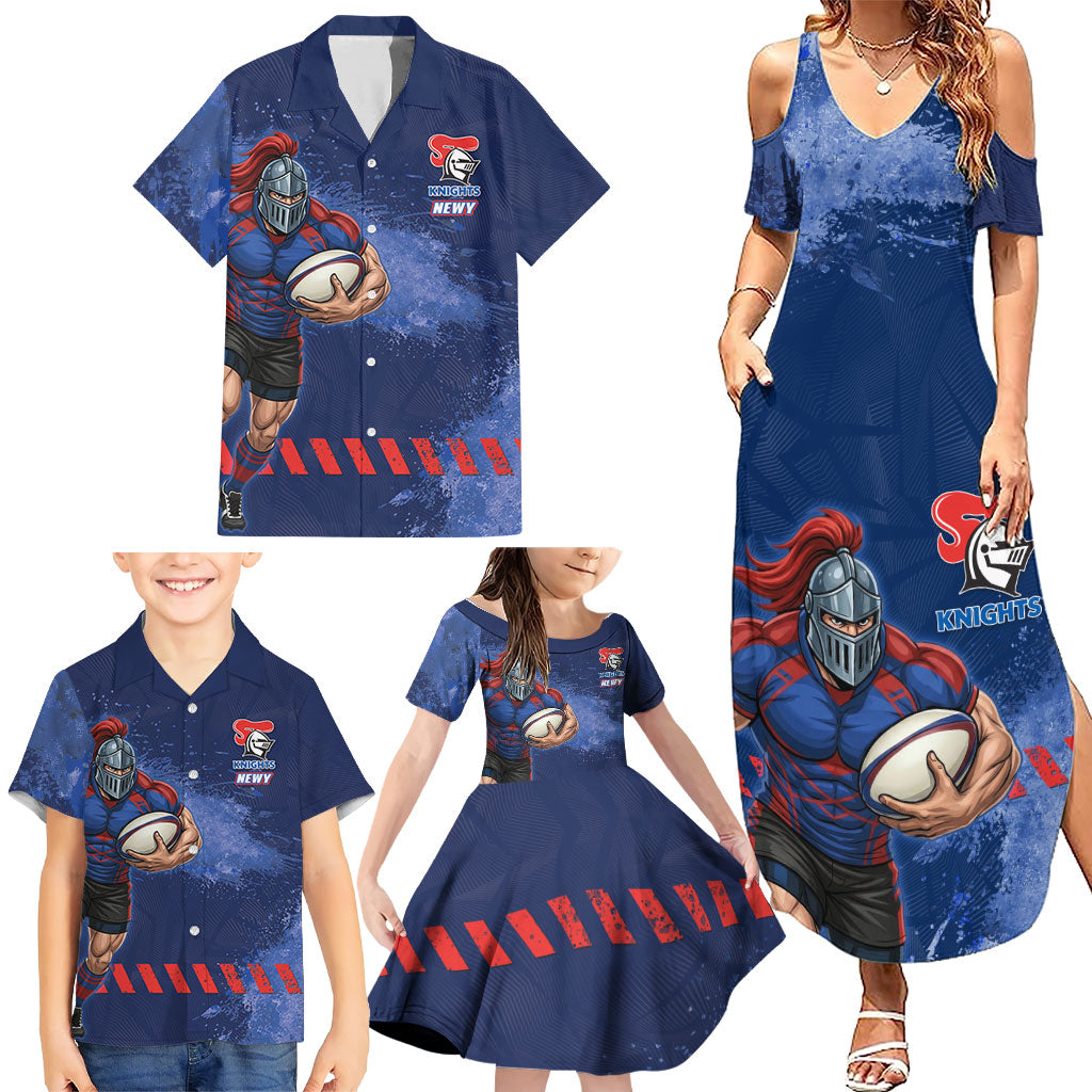 Personalised Newcastle Knights Rugby Family Matching Summer Maxi Dress and Hawaiian Shirt Newy Warrior Mascot - Sporty Splash Art Style