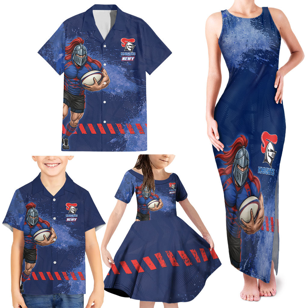 Personalised Newcastle Knights Rugby Family Matching Tank Maxi Dress and Hawaiian Shirt Newy Warrior Mascot - Sporty Splash Art Style