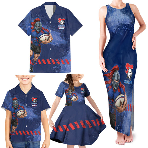 Personalised Newcastle Knights Rugby Family Matching Tank Maxi Dress and Hawaiian Shirt Newy Warrior Mascot - Sporty Splash Art Style