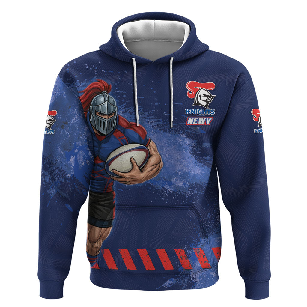 Personalised Newcastle Knights Rugby Hoodie Newy Warrior Mascot - Sporty Splash Art Style