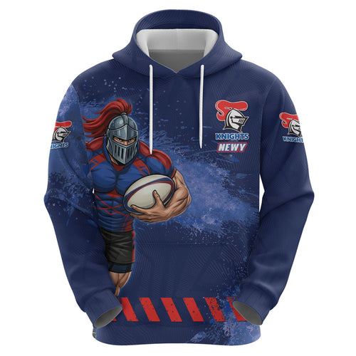 Personalised Newcastle Knights Rugby Hoodie Newy Warrior Mascot - Sporty Splash Art Style