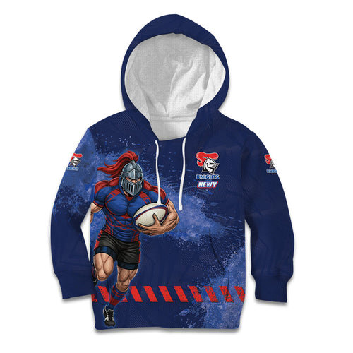 Personalised Newcastle Knights Rugby Kid Hoodie Newy Warrior Mascot - Sporty Splash Art Style