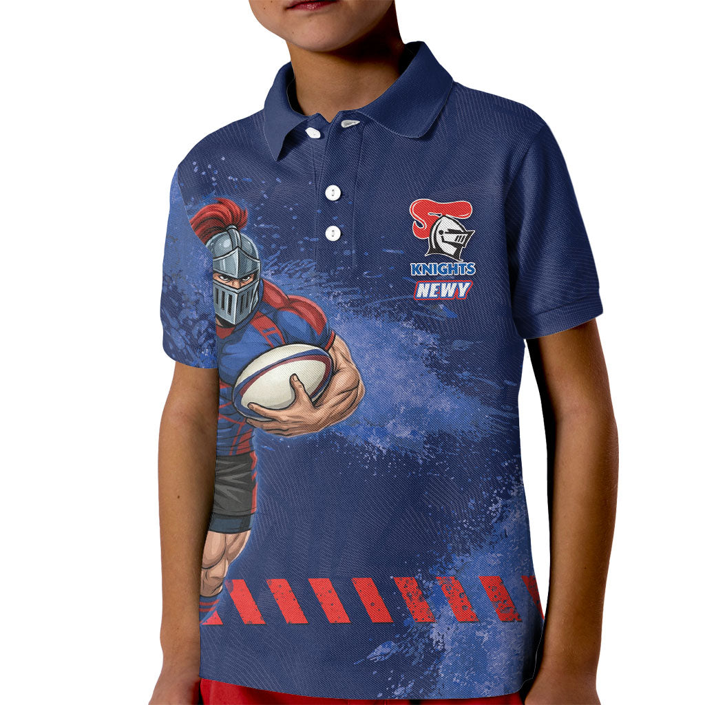 Personalised Newcastle Knights Rugby Kid Polo Shirt Newy Warrior Mascot - Sporty Splash Art Style