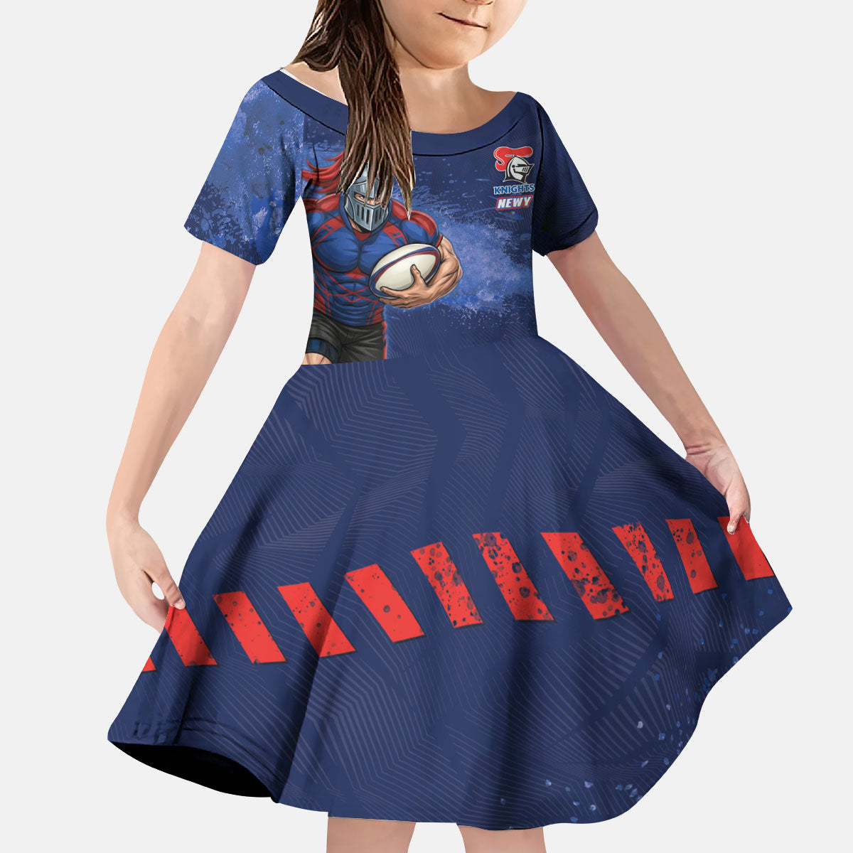 Personalised Newcastle Knights Rugby Kid Short Sleeve Dress Newy Warrior Mascot - Sporty Splash Art Style