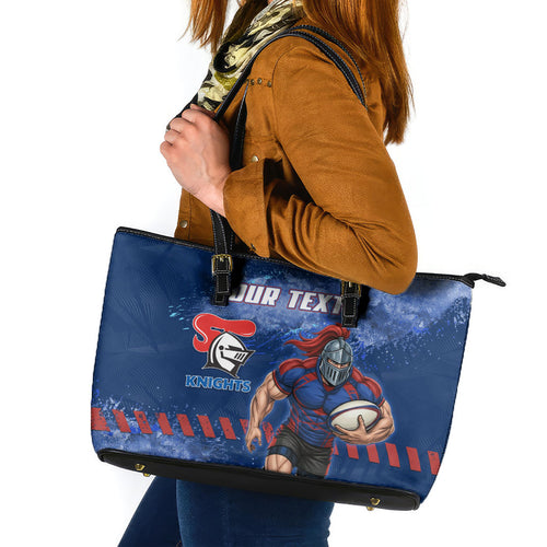 Personalised Newcastle Knights Rugby Leather Tote Bag Newy Warrior Mascot - Sporty Splash Art Style