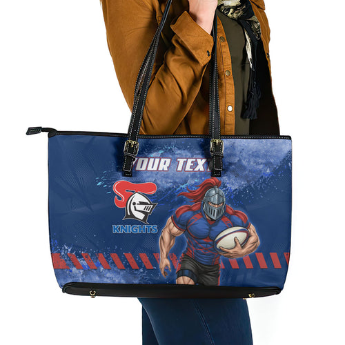 Personalised Newcastle Knights Rugby Leather Tote Bag Newy Warrior Mascot - Sporty Splash Art Style