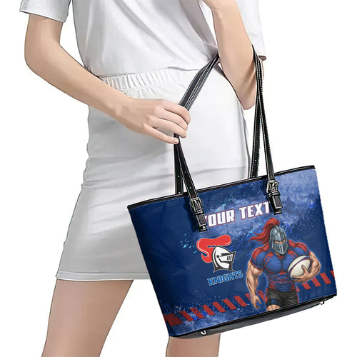 Personalised Newcastle Knights Rugby Leather Tote Bag Newy Warrior Mascot - Sporty Splash Art Style