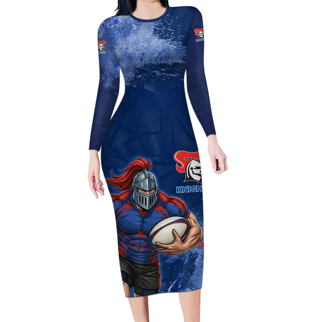 Personalised Newcastle Knights Rugby Long Sleeve Bodycon Dress Newy Warrior Mascot - Sporty Splash Art Style