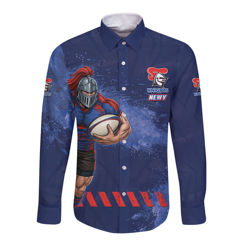 Personalised Newcastle Knights Rugby Long Sleeve Button Shirt Newy Warrior Mascot - Sporty Splash Art Style