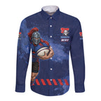 Personalised Newcastle Knights Rugby Long Sleeve Button Shirt Newy Warrior Mascot - Sporty Splash Art Style