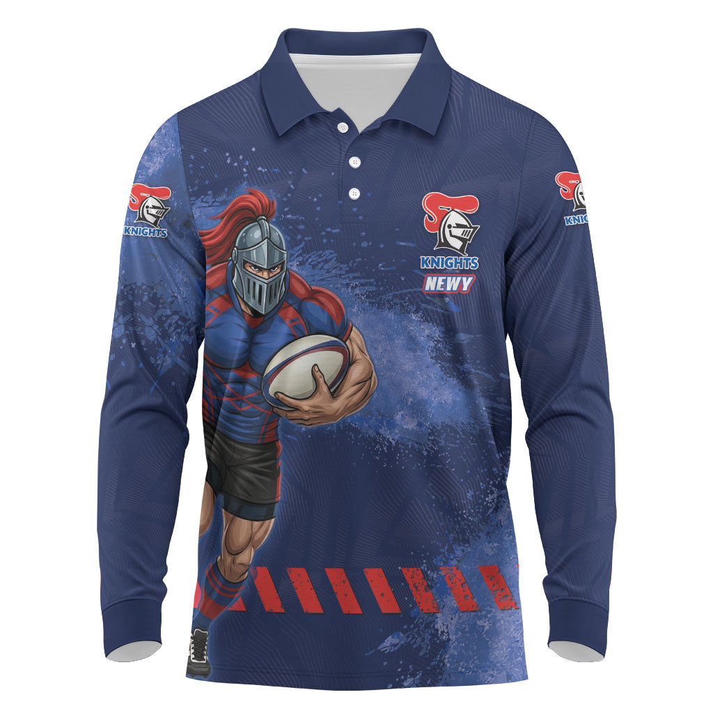 Personalised Newcastle Knights Rugby Long Sleeve Polo Shirt Newy Warrior Mascot - Sporty Splash Art Style