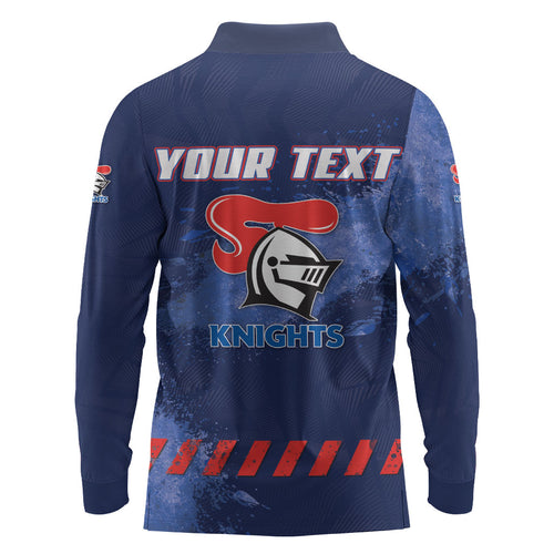 Personalised Newcastle Knights Rugby Long Sleeve Polo Shirt Newy Warrior Mascot - Sporty Splash Art Style