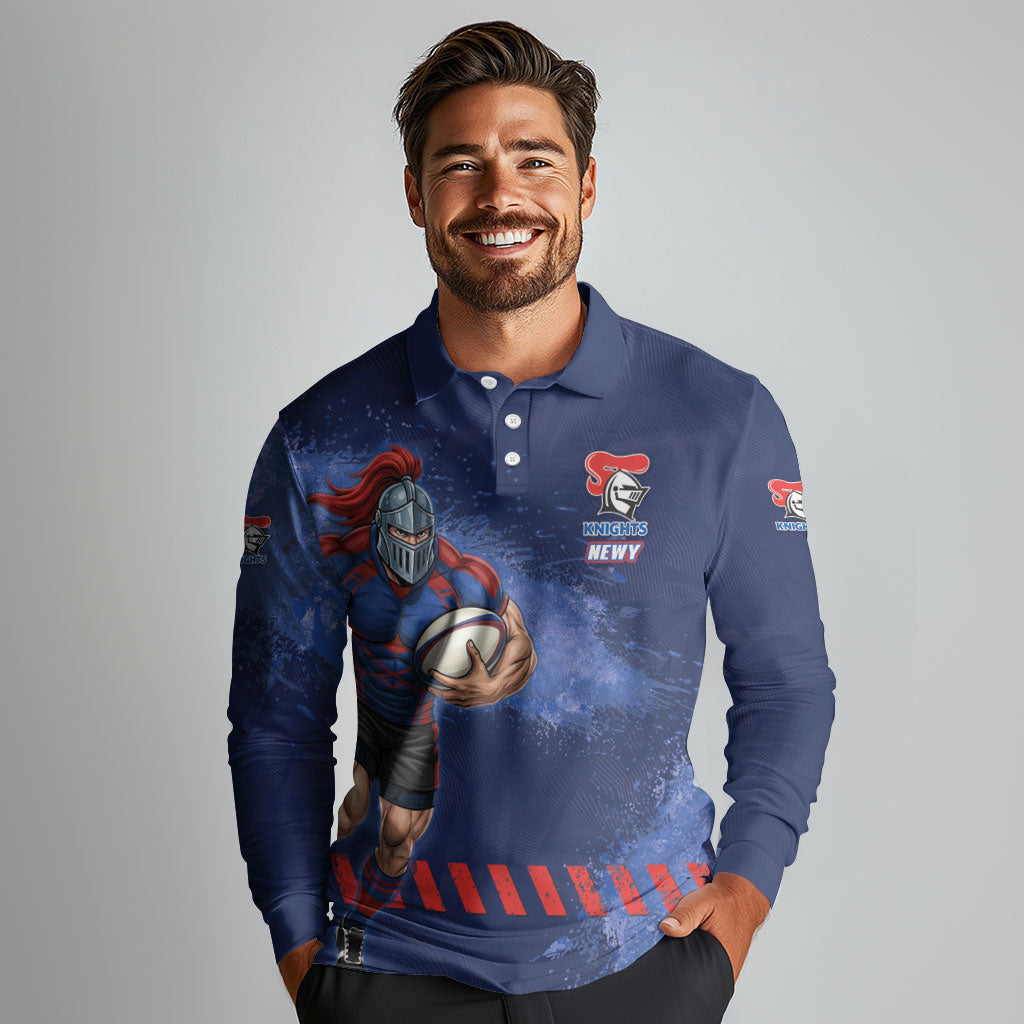 Personalised Newcastle Knights Rugby Long Sleeve Polo Shirt Newy Warrior Mascot - Sporty Splash Art Style
