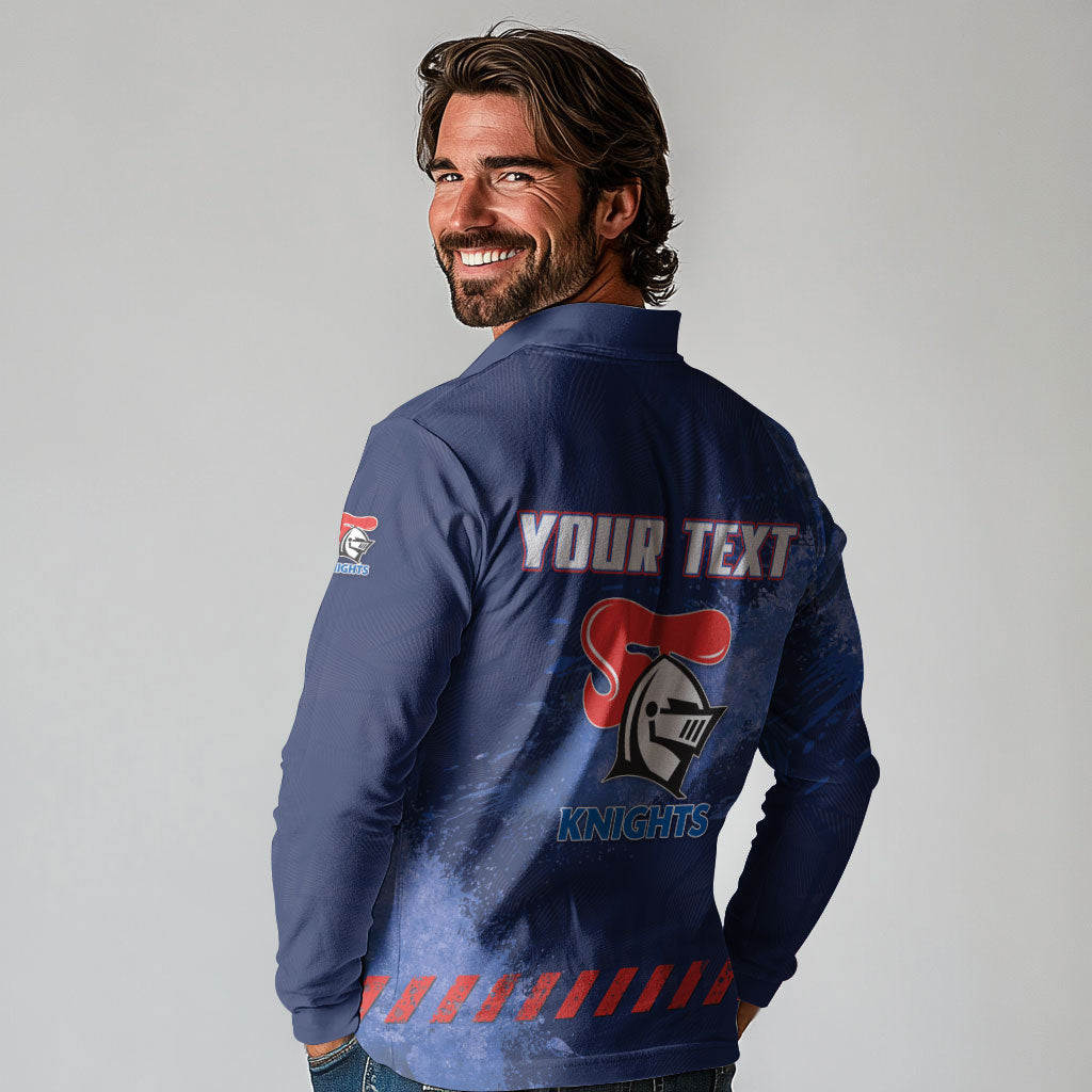 Personalised Newcastle Knights Rugby Long Sleeve Polo Shirt Newy Warrior Mascot - Sporty Splash Art Style