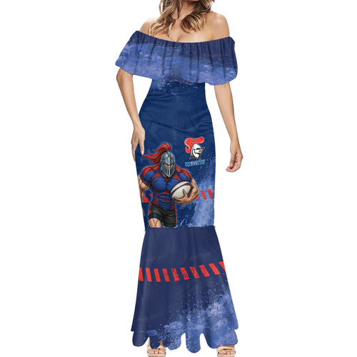 Personalised Newcastle Knights Rugby Mermaid Dress Newy Warrior Mascot - Sporty Splash Art Style