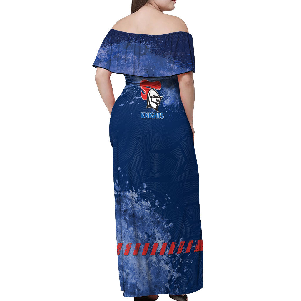 Personalised Newcastle Knights Rugby Off Shoulder Maxi Dress Newy Warrior Mascot - Sporty Splash Art Style