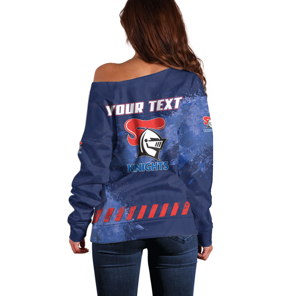 Personalised Newcastle Knights Rugby Off Shoulder Sweater Newy Warrior Mascot - Sporty Splash Art Style