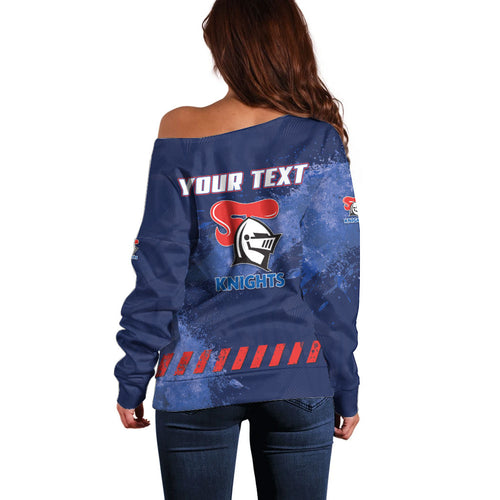 Personalised Newcastle Knights Rugby Off Shoulder Sweater Newy Warrior Mascot - Sporty Splash Art Style