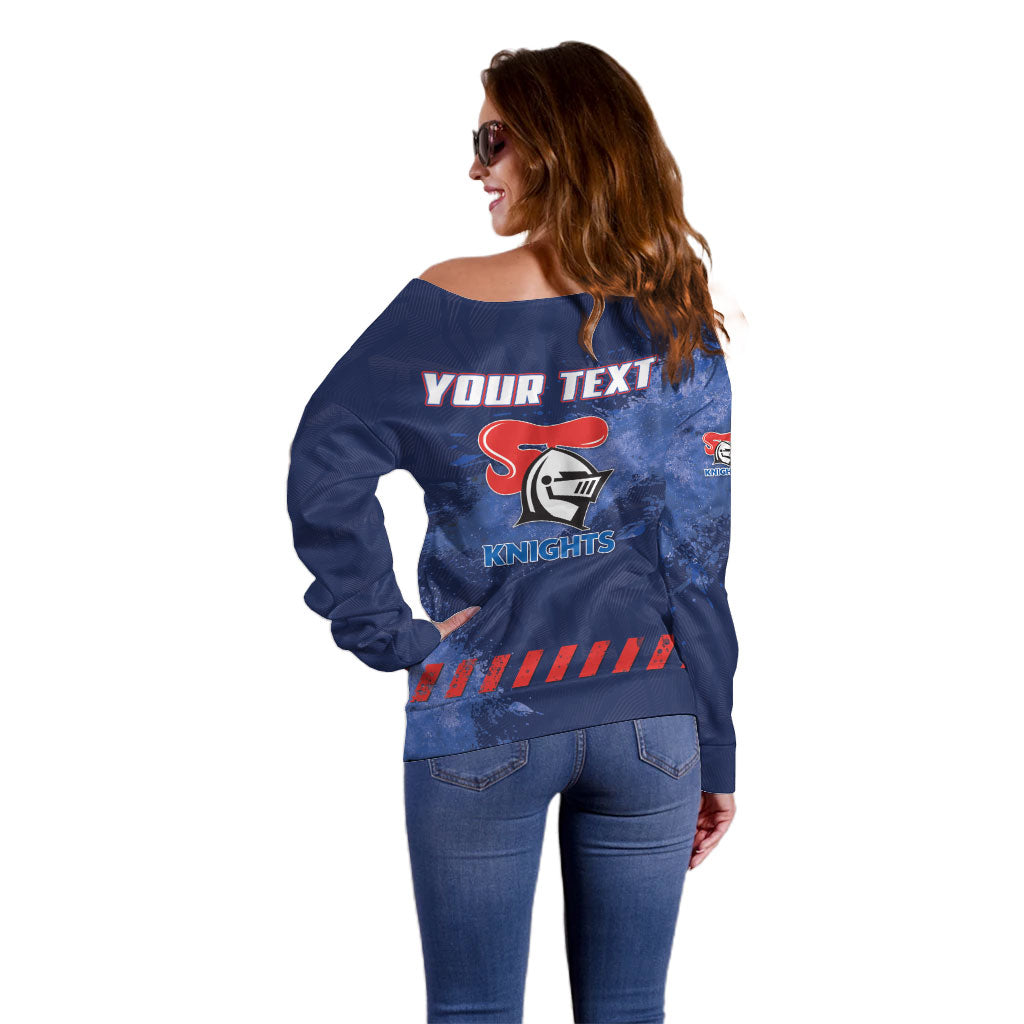 Personalised Newcastle Knights Rugby Off Shoulder Sweater Newy Warrior Mascot - Sporty Splash Art Style
