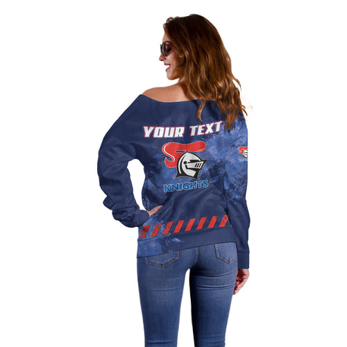 Personalised Newcastle Knights Rugby Off Shoulder Sweater Newy Warrior Mascot - Sporty Splash Art Style