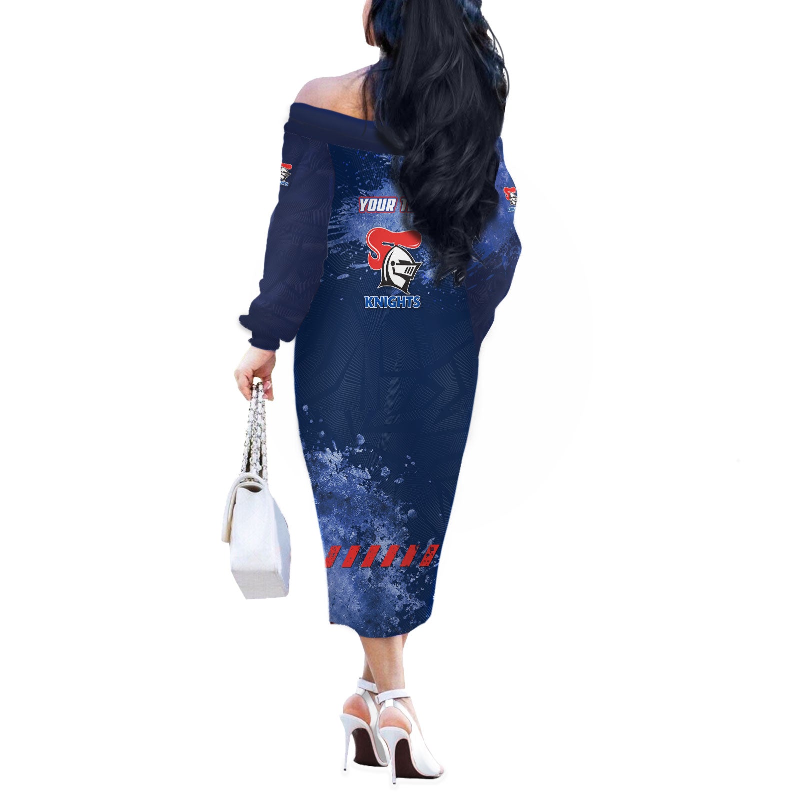 Personalised Newcastle Knights Rugby Off The Shoulder Long Sleeve Dress Newy Warrior Mascot - Sporty Splash Art Style