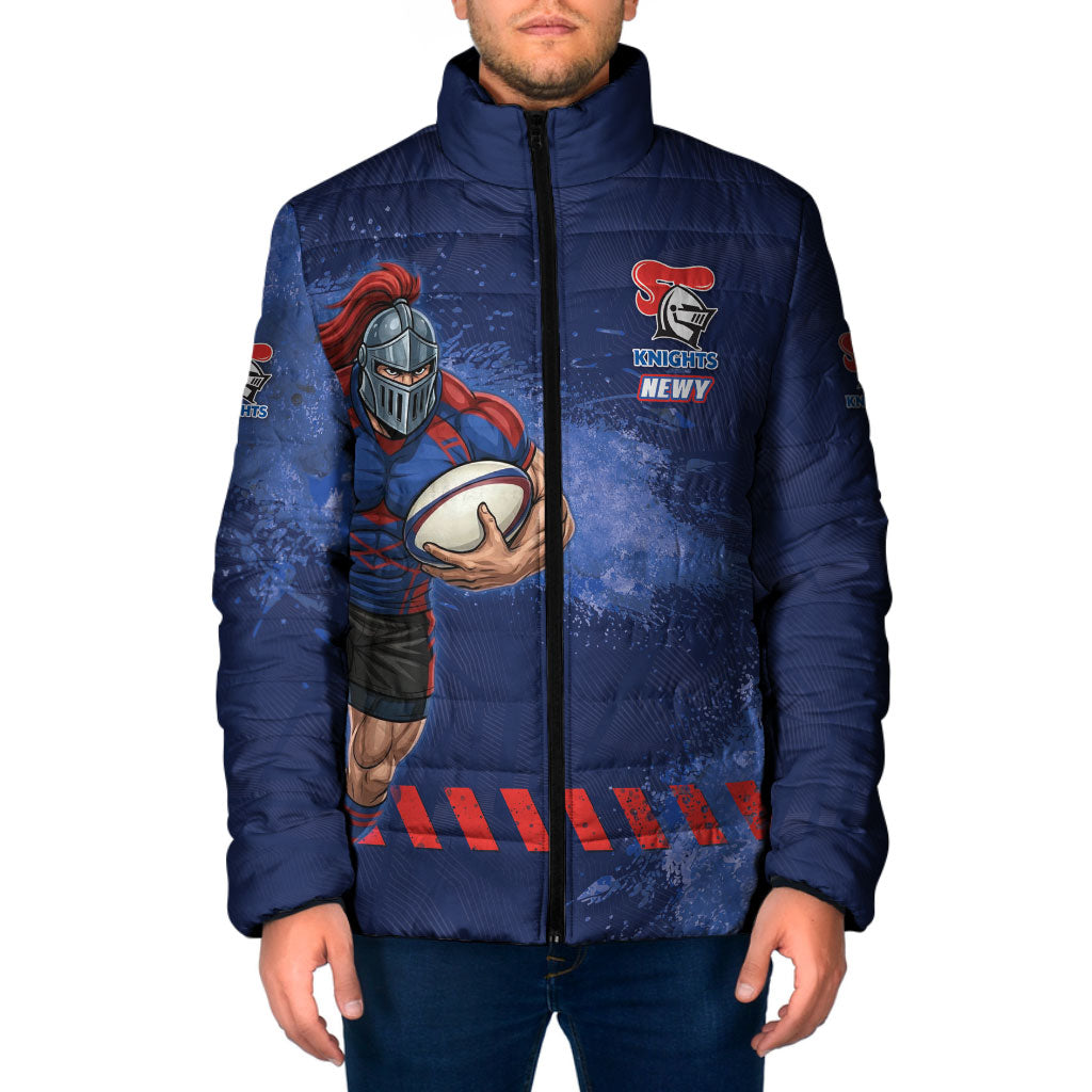 Personalised Newcastle Knights Rugby Padded Jacket Newy Warrior Mascot - Sporty Splash Art Style