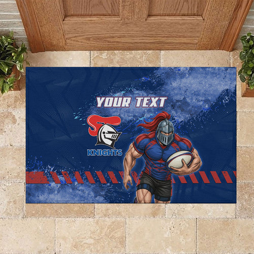 Personalised Newcastle Knights Rugby Rubber Doormat Newy Warrior Mascot - Sporty Splash Art Style