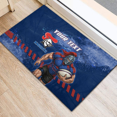 Personalised Newcastle Knights Rugby Rubber Doormat Newy Warrior Mascot - Sporty Splash Art Style
