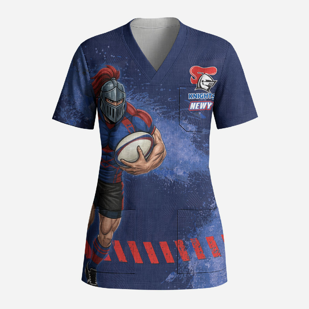 Personalised Newcastle Knights Rugby Scrub Top Newy Warrior Mascot - Sporty Splash Art Style