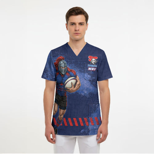 Personalised Newcastle Knights Rugby Scrub Top Newy Warrior Mascot - Sporty Splash Art Style