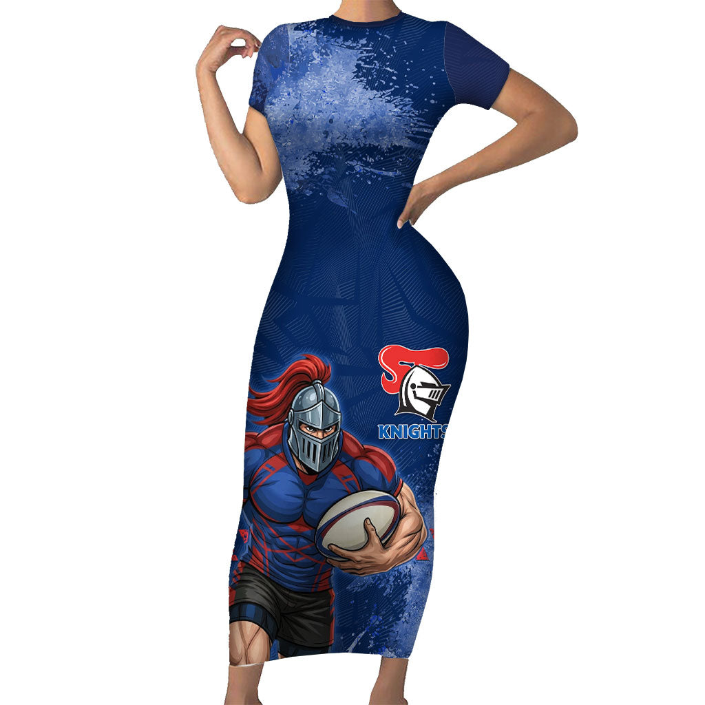 Personalised Newcastle Knights Rugby Short Sleeve Bodycon Dress Newy Warrior Mascot - Sporty Splash Art Style