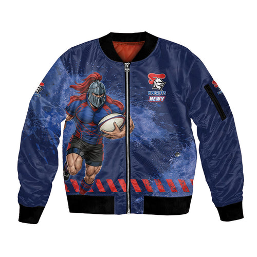 Personalised Newcastle Knights Rugby Sleeve Zip Bomber Jacket Newy Warrior Mascot - Sporty Splash Art Style