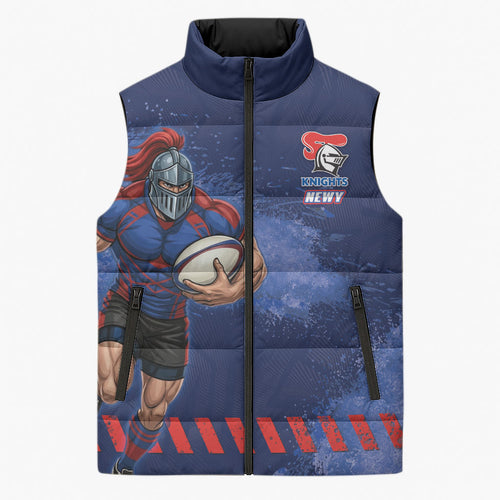 Personalised Newcastle Knights Rugby Sleeveless Puffer Jacket Newy Warrior Mascot - Sporty Splash Art Style