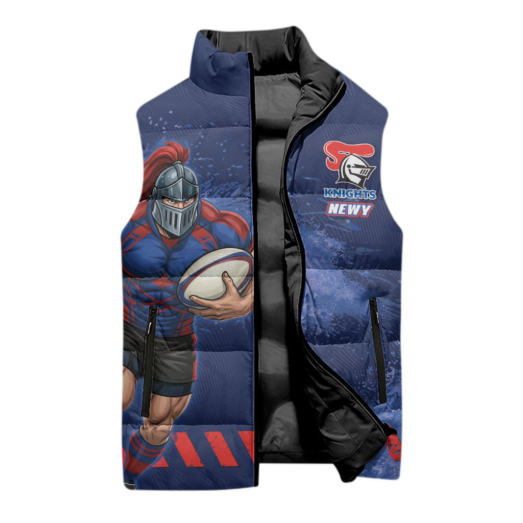 Personalised Newcastle Knights Rugby Sleeveless Puffer Jacket Newy Warrior Mascot - Sporty Splash Art Style