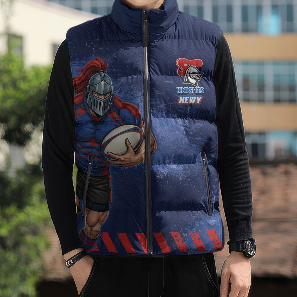 Personalised Newcastle Knights Rugby Sleeveless Puffer Jacket Newy Warrior Mascot - Sporty Splash Art Style
