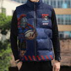 Personalised Newcastle Knights Rugby Sleeveless Puffer Jacket Newy Warrior Mascot - Sporty Splash Art Style