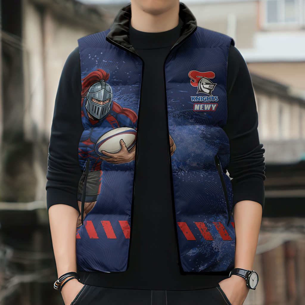 Personalised Newcastle Knights Rugby Sleeveless Puffer Jacket Newy Warrior Mascot - Sporty Splash Art Style