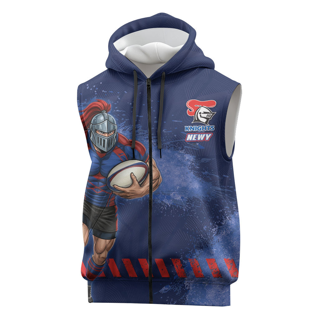 Personalised Newcastle Knights Rugby Sleeveless Zip Hoodie Newy Warrior Mascot - Sporty Splash Art Style