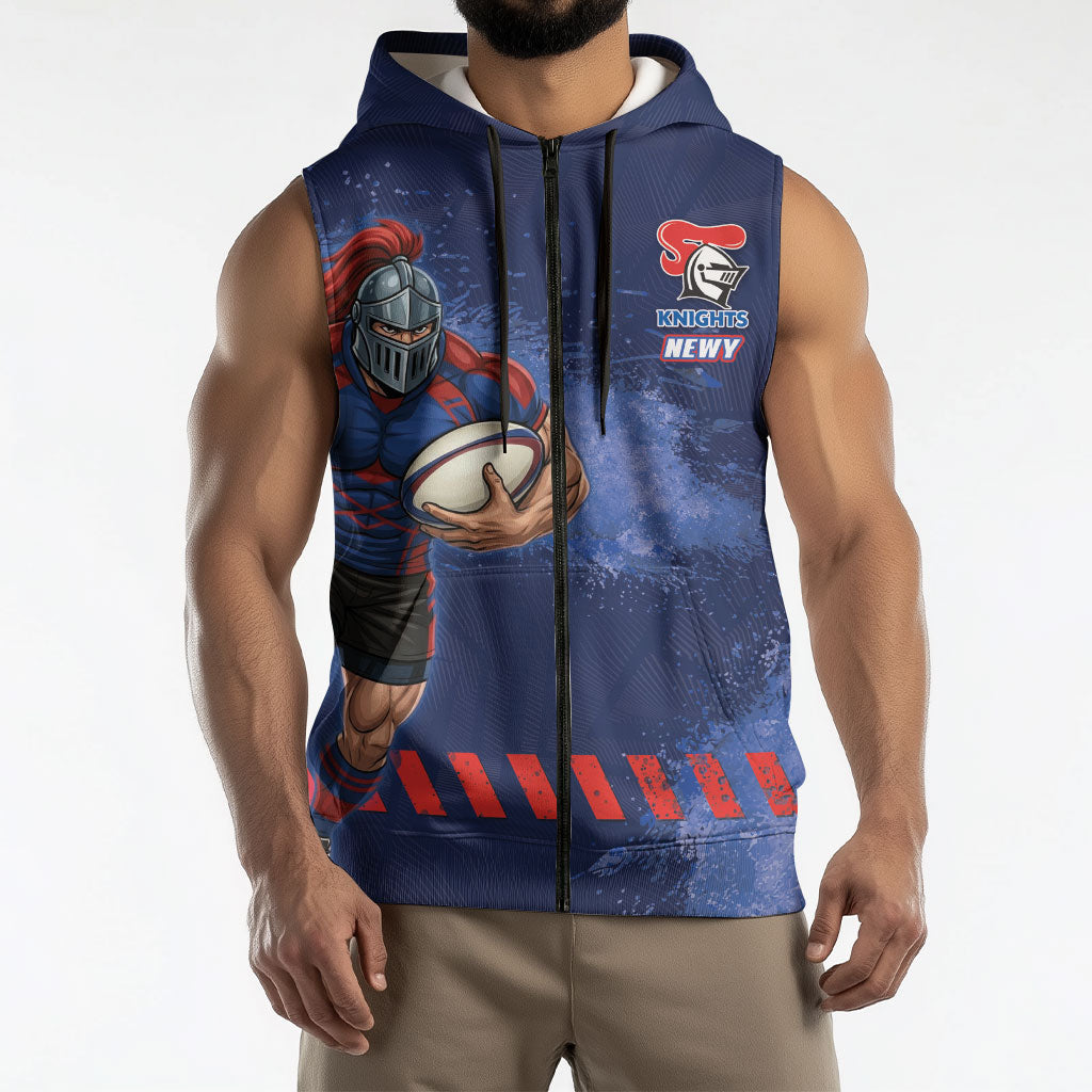 Personalised Newcastle Knights Rugby Sleeveless Zip Hoodie Newy Warrior Mascot - Sporty Splash Art Style