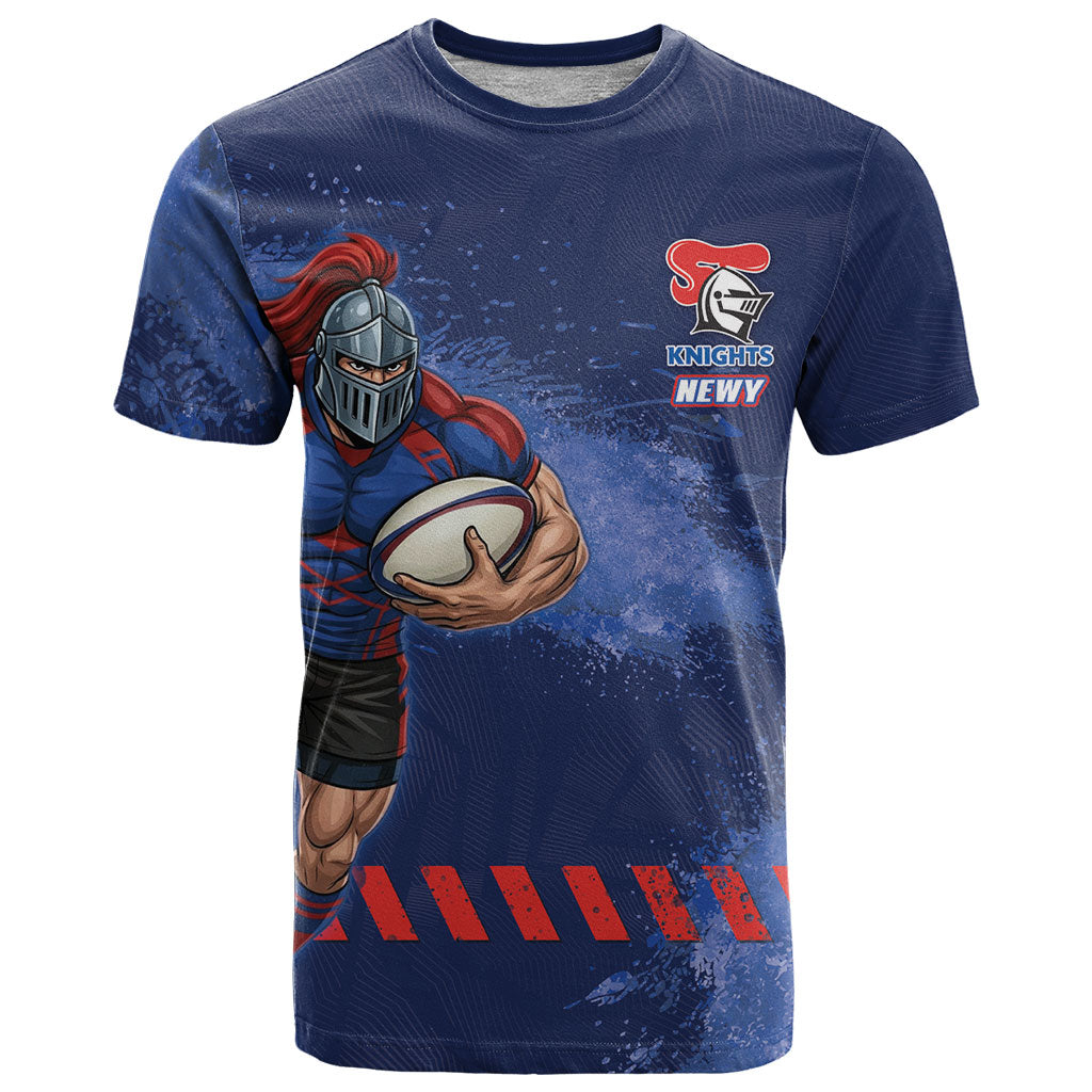 Personalised Newcastle Knights Rugby T Shirt Newy Warrior Mascot - Sporty Splash Art Style