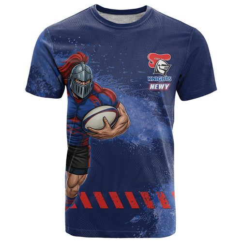 Personalised Newcastle Knights Rugby T Shirt Newy Warrior Mascot - Sporty Splash Art Style
