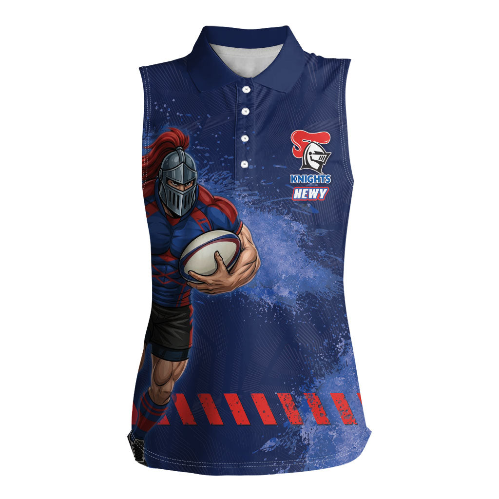 Personalised Newcastle Knights Rugby Women Sleeveless Polo Shirt Newy Warrior Mascot - Sporty Splash Art Style