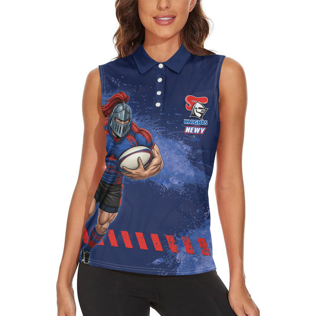 Personalised Newcastle Knights Rugby Women Sleeveless Polo Shirt Newy Warrior Mascot - Sporty Splash Art Style