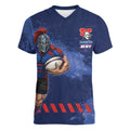 Personalised Newcastle Knights Rugby Women V-Neck T-Shirt Newy Warrior Mascot - Sporty Splash Art Style