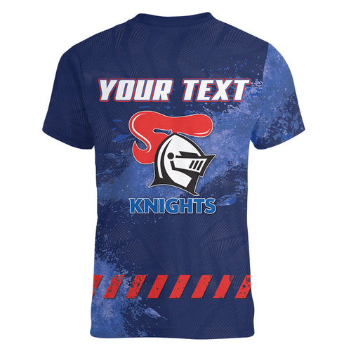Personalised Newcastle Knights Rugby Women V-Neck T-Shirt Newy Warrior Mascot - Sporty Splash Art Style