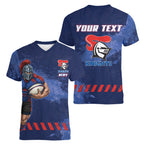 Personalised Newcastle Knights Rugby Women V-Neck T-Shirt Newy Warrior Mascot - Sporty Splash Art Style